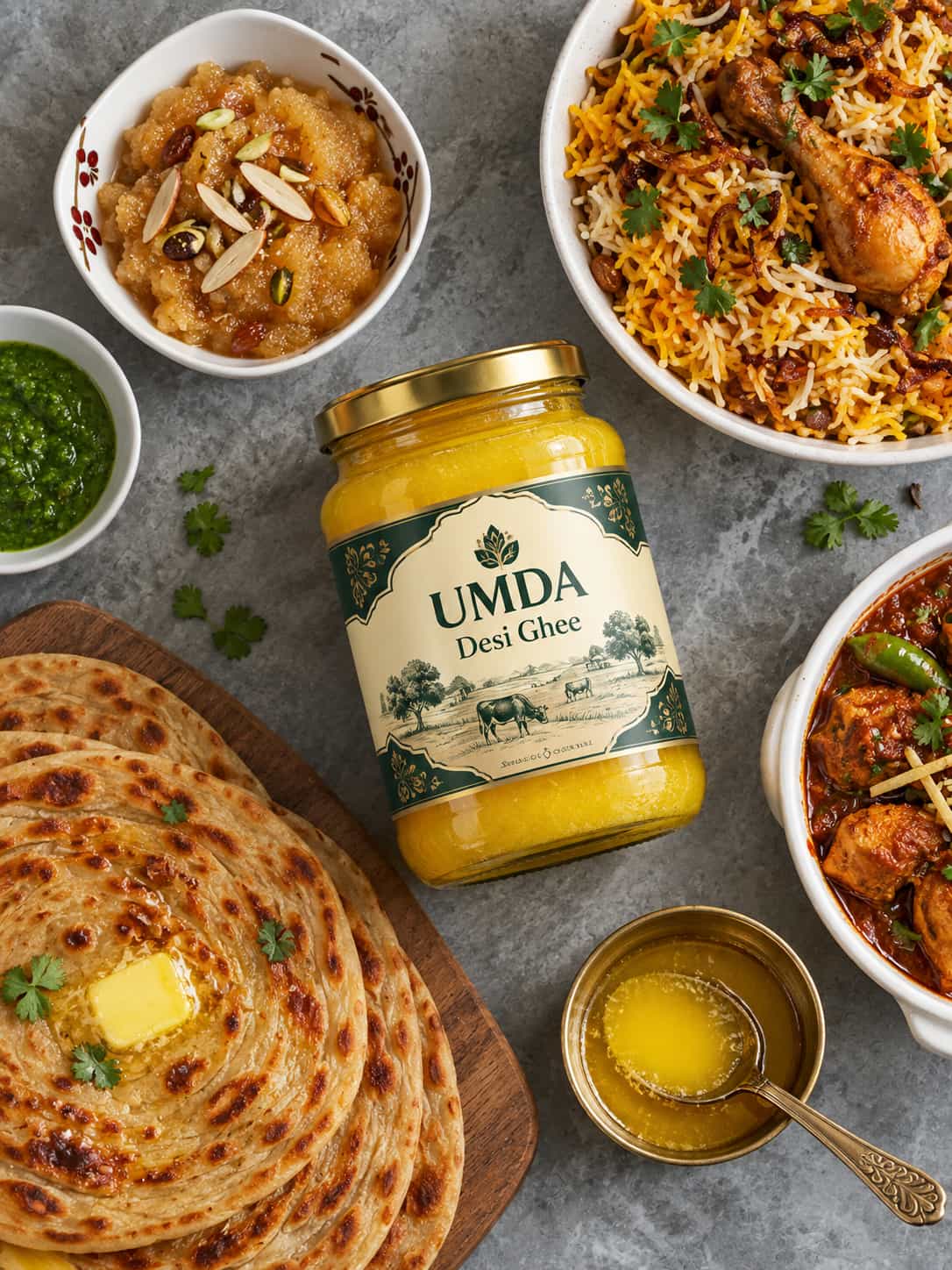 A jar of UMDA Desi Ghee surrounded by traditional Indian food items including paratha, biryani, chutney, and a small bowl of melted ghee on a gray stone background.
