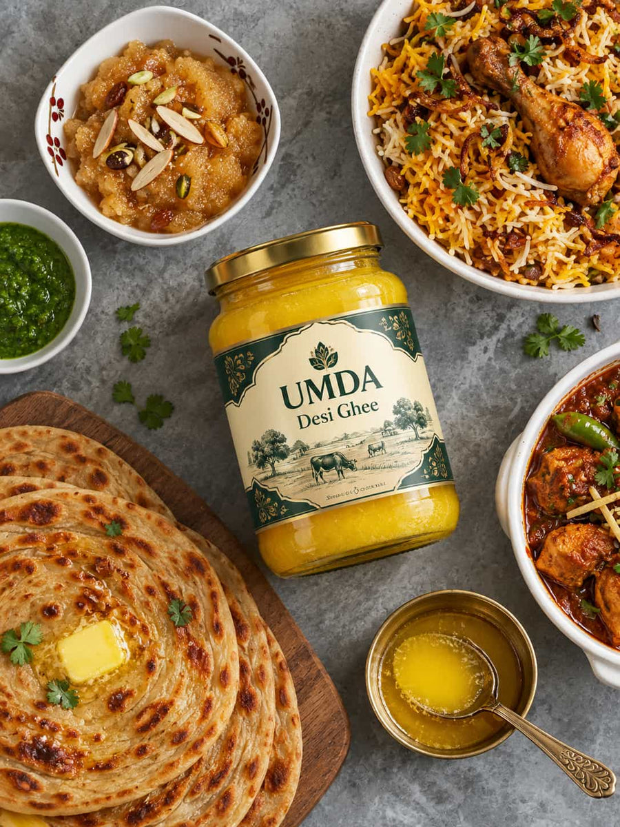 A jar of UMDA Desi Ghee surrounded by traditional Indian food items including paratha, biryani, chutney, and a small bowl of melted ghee on a gray stone background.