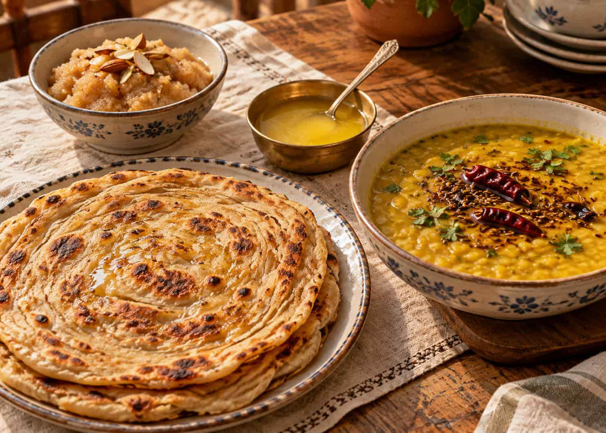 A styled food spread on a rustic wooden table featuring a large plate of golden-brown layered flatbread, a bowl of yellow lentil soup with red chilies and cilantro, a small bowl of yellow butter, and a bowl of kheer or rice pudding topped with sliced almonds.