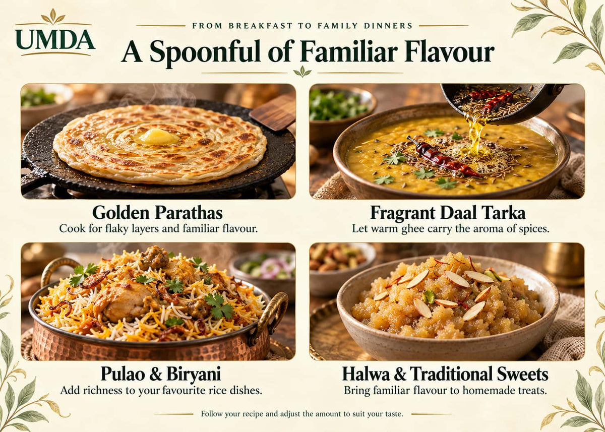 Promotional graphic for UMDA featuring four food dishes arranged in a 2x2 grid with descriptive text: Golden Parathas, Fragrant Daal Tarka, Pulao & Biryani, and Halwa & Traditional Sweets. The design has a warm cream background with decorative corner flourishes and the UMDA logo at the top.